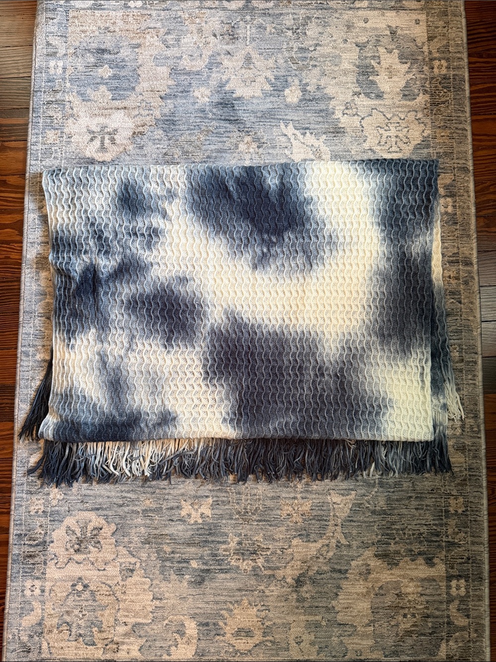 Magaschoni Blue and Cream Waffle Knit Tie-Dye Throw with Fringe